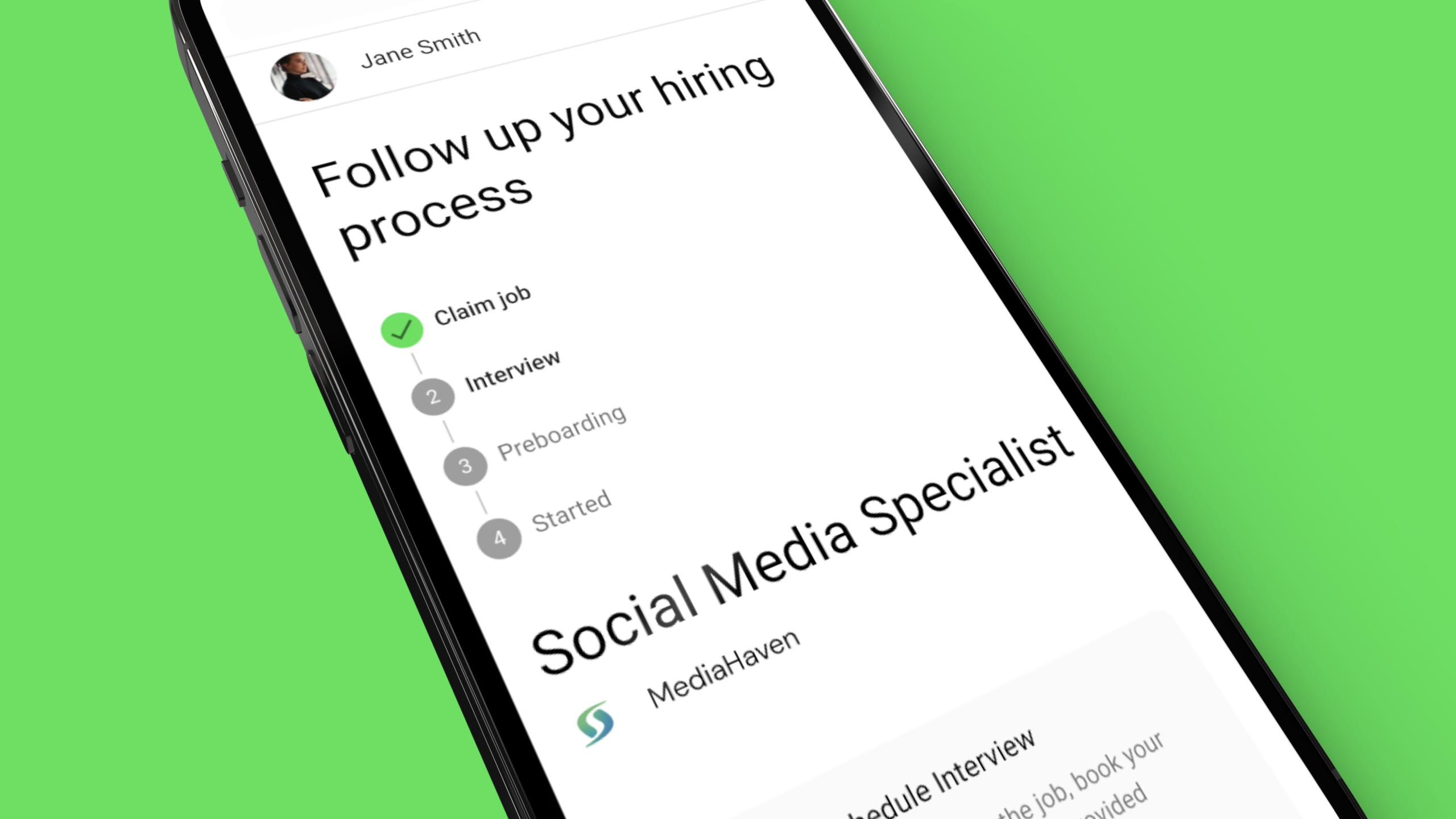 Close-up of hiring process screen for social media specialist.